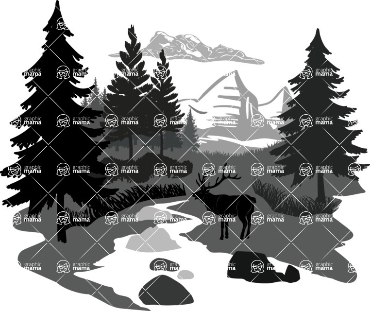 Vector silhouettes - Vector Forest Landscape with Mountain Silhouette